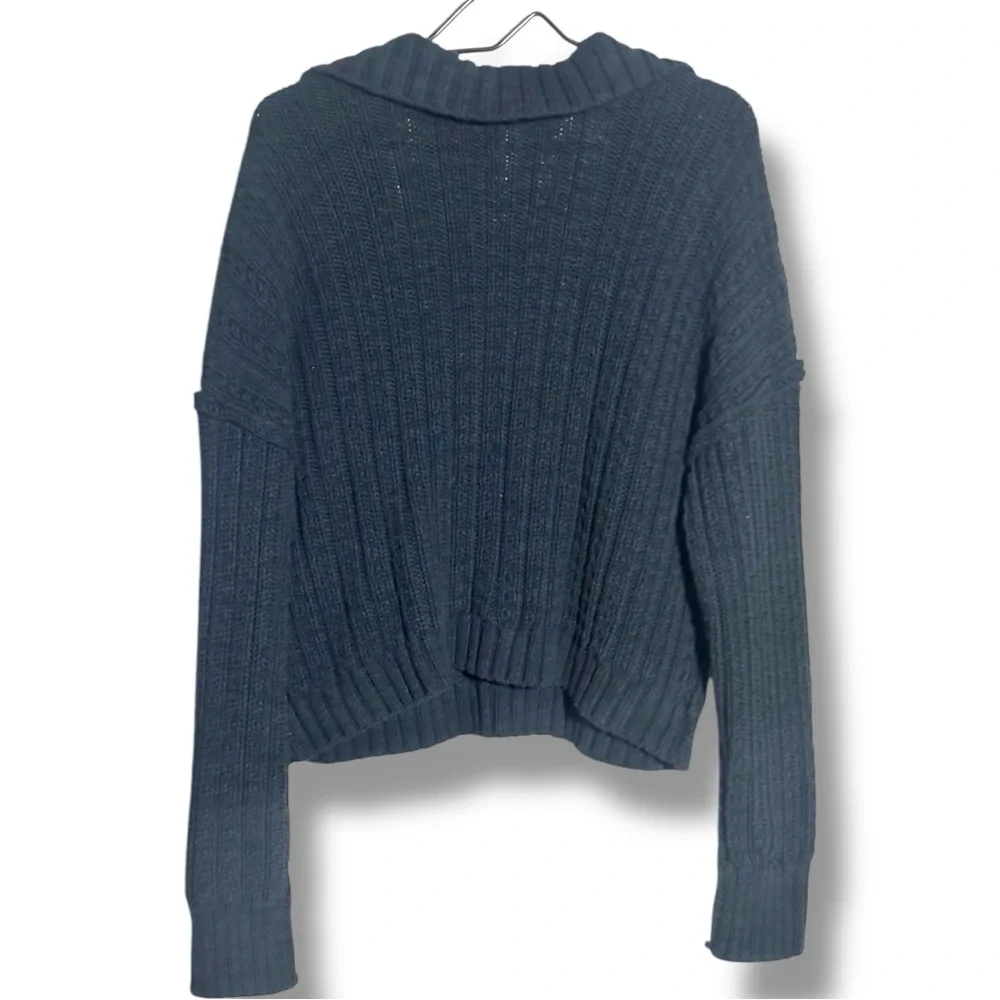 Free People Black/Navy V-Neck Cable Knit Cropped Long Sleeve Sweater With Collar - Picture 16 of 16
